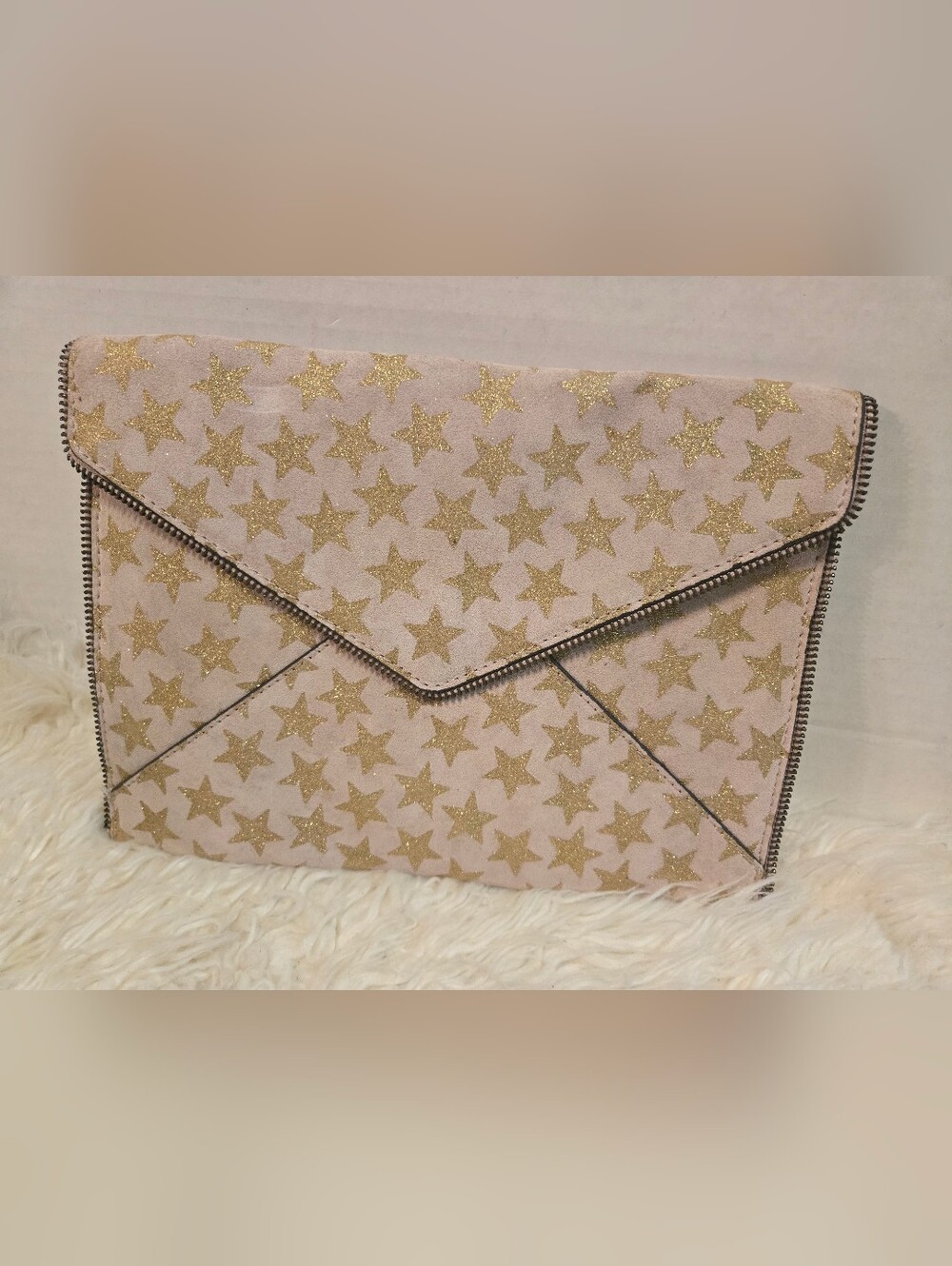 Rebecca Minkoff Beige Star-Print Envelope Clutch with Gold Stars